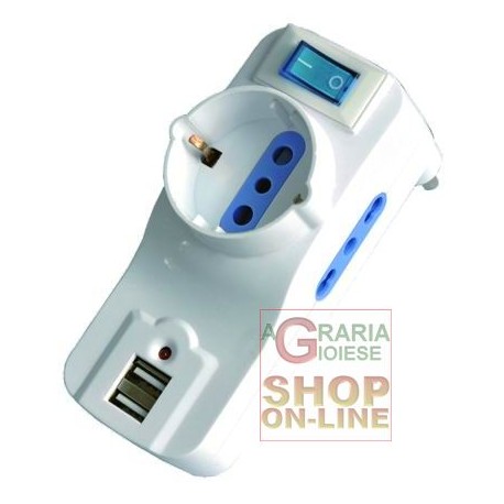 PRESA ADATTATORE TRIPLO 10/16A CON INTERRUTTORE SCHUKO E 2 USB