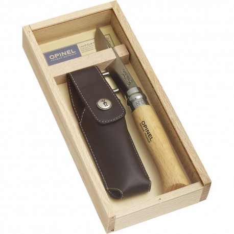 OPINEL PLUMIER SET COLTELLO INOX N. 8 E FODERO CON SCATOLA IN LEGNO