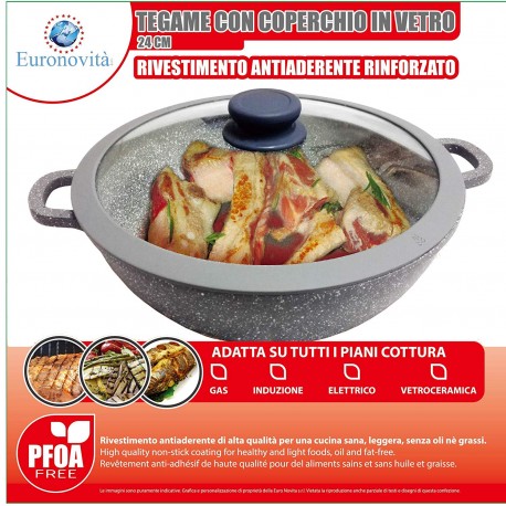 TEGAME PADELLLA PENTOLA WOK IN PIETRA CON MANICI E COPERCHIO CM. 24