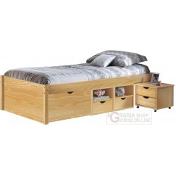 LETTO CON VANI CONTENITORE E COMODINO CON RUOTE INCLUSO DIM. 96x209x47,5H LEGNO NATURALE